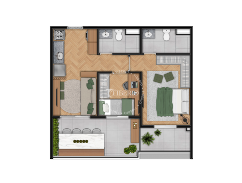Planta 2 dormitórios com suíte 54,31 m² do Hub Belém